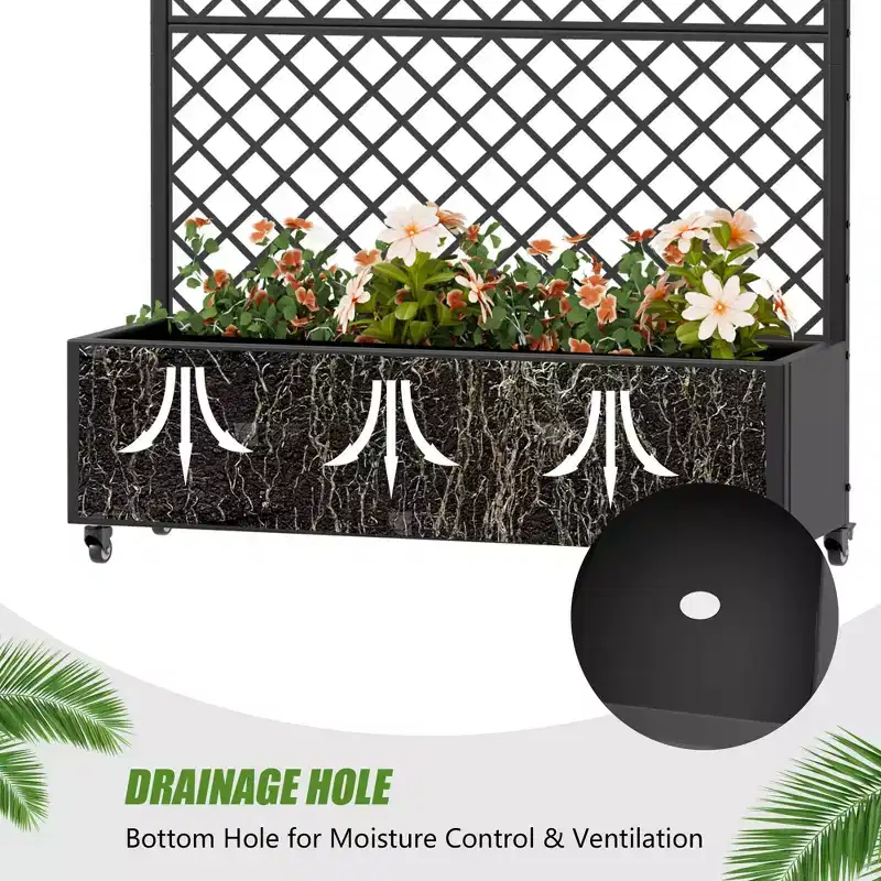 MAYEERTY Black Wrought Iron Planter with Trellis (Diamond), 72x47x16, 3-Piece Patio Garden Planter
