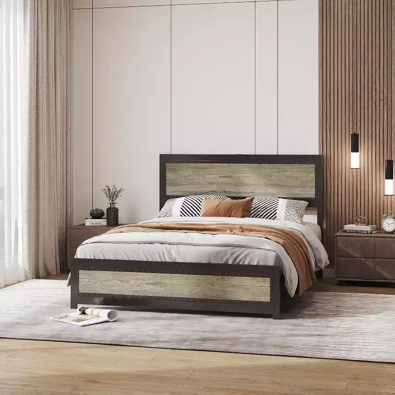 Industrial Platform Bed Frame with Headboard, Sturdy Metal Slatted Frame, No Box Spring Needed, Easy Assembly Bedroom Bed