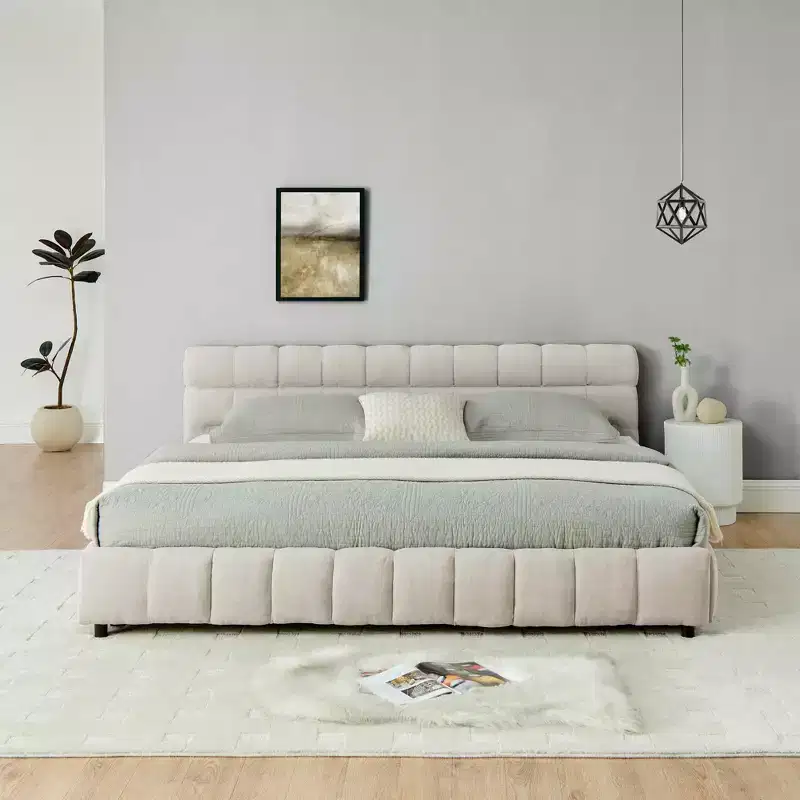 MAYEERTY King Size Upholstered Bed with Headboard Solid Bed Frame Drawer for Bedroom Beige