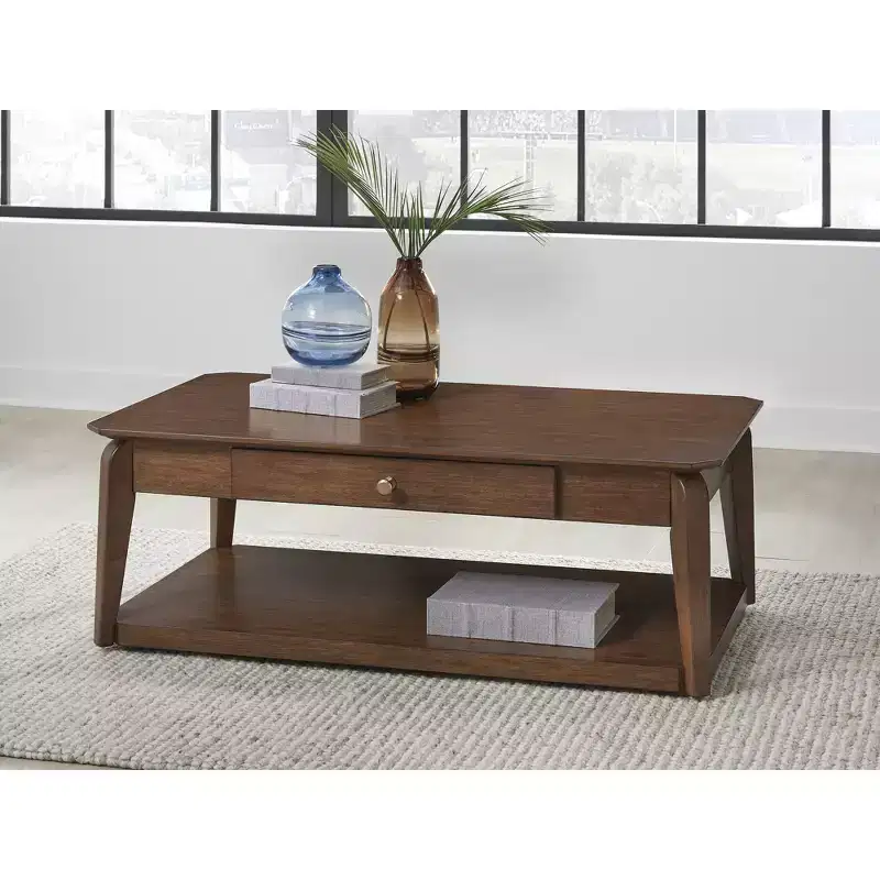Mid-Century Modern Rectangular Coffee Table with Storage Drawer & Casters, Brown
