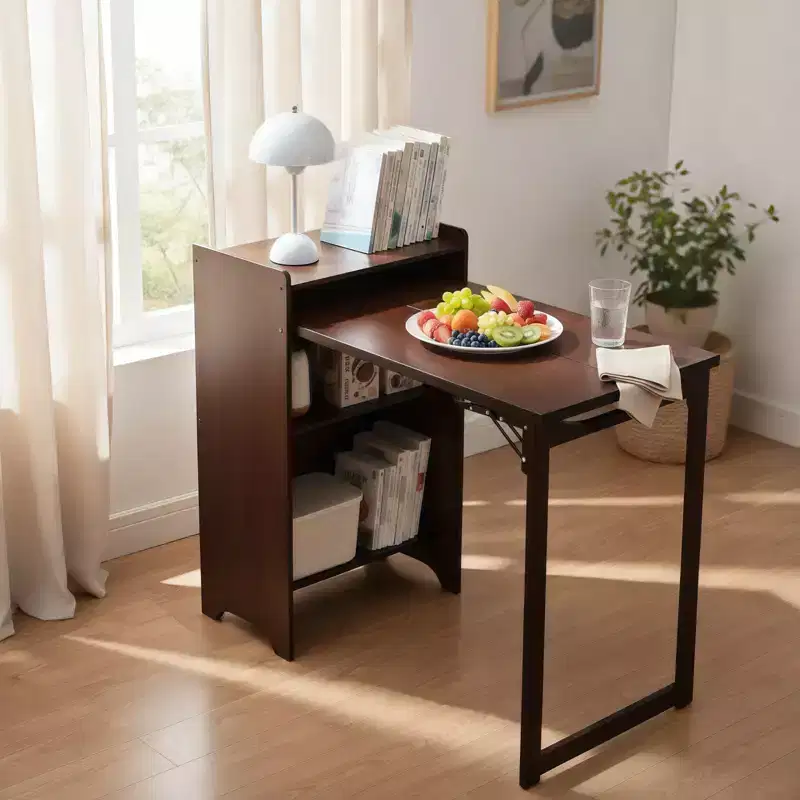 Bamboo Folding Desk with Hidden Storage & Built-In Socket – Walnut, 39