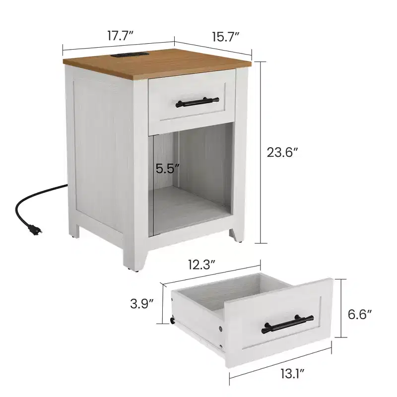 2Pcs Farmhouse Nightstand with Charging Station  2 Drawers & Open Shelf, USB/Type-C/AC Outlets, End Table for Bedroom, Living Room