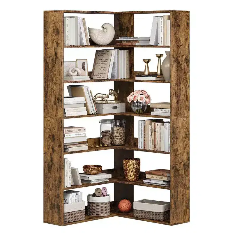 Corner Bookshelf, 6-Tier Corner Shelf l Shaped Bookshelf with Baffles,Wood Bookcase
