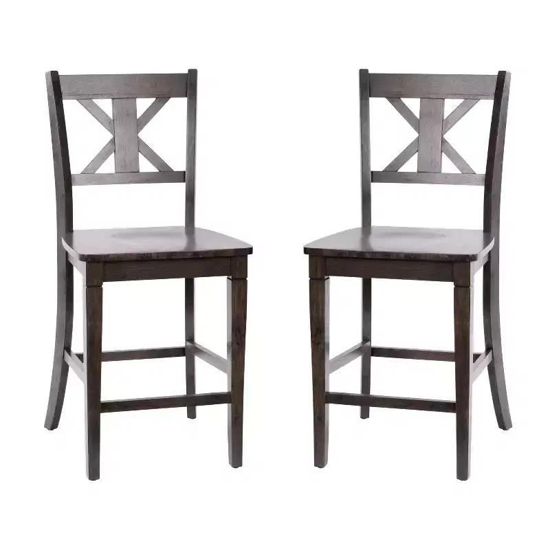 Emma and Oliver Set of 2 Wooden Modern Farmhouse Bar Height Dining Stool with Decorative Carved Backrest and Wood Seat