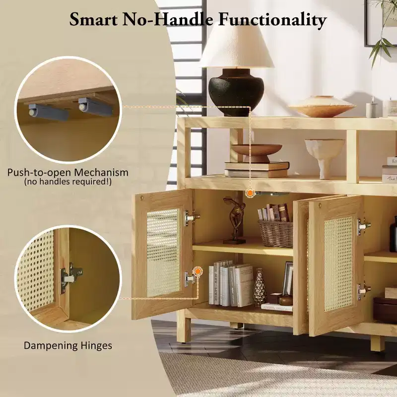 Bohemian Rattan Buffet Cabinet with Wood Frame and Push to Open Design Black
