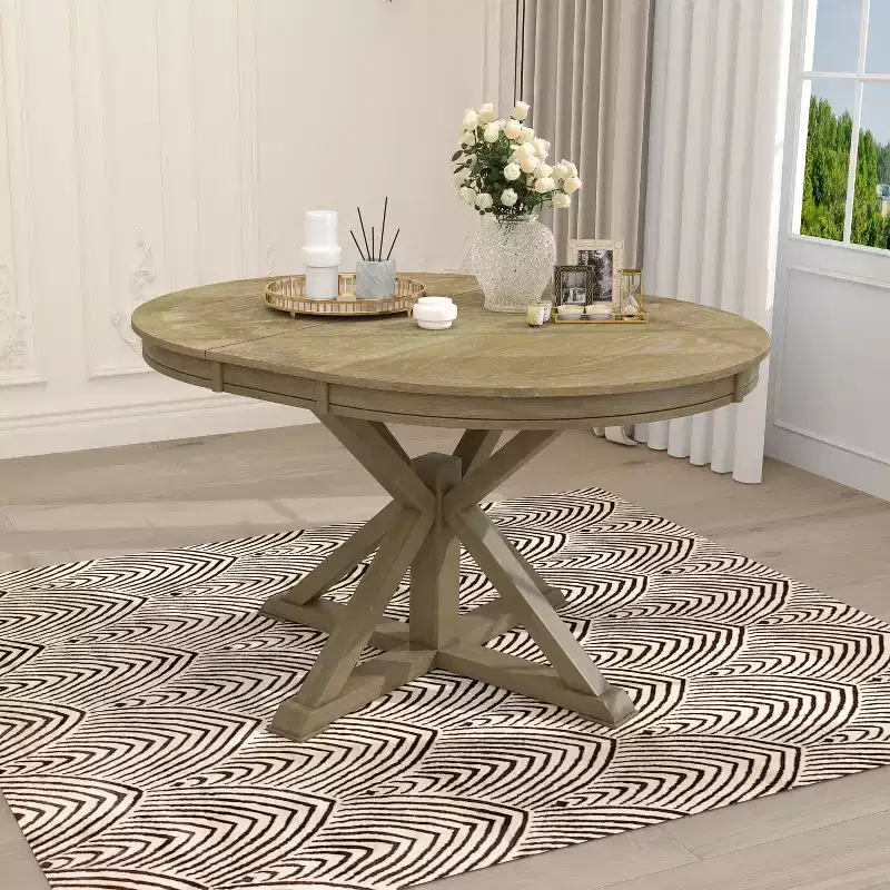 54IN Retro Extendable Dining Table, Foldable Table with a 12IN Leaf, Round Table for Dining Room, Living Room, Kitchen