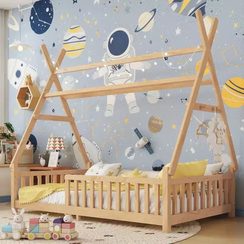 Twin House Bed with Light, Low Floor House Bed with Fence and Roof, Safety Design