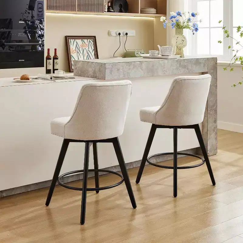 Modern Swivel Bar Stools Set of 2, Upholstered, Footrest, Backrest and Metal Legs, Modern Counter Height Barstools for Bar, Kitchen Island