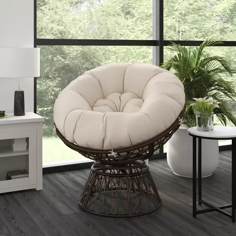 Merrick Lane Papasan Style Woven Wicker Swivel Patio Chair with Removable All-Weather Cushion