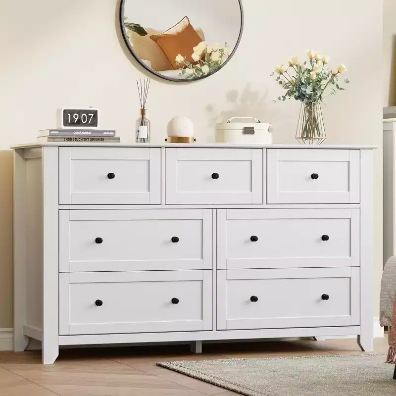 GustoWave Modern 54 Wide Large 7 Drawer Dresser for Bedroom, Entryway, Hallway, White