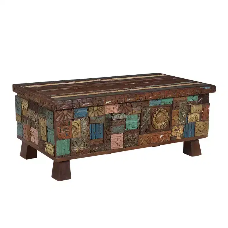 Reclaimed Wood Trunk Coffee Table, Rustic Storage with Pedestal Base, No Assembly, 25x47x19 in