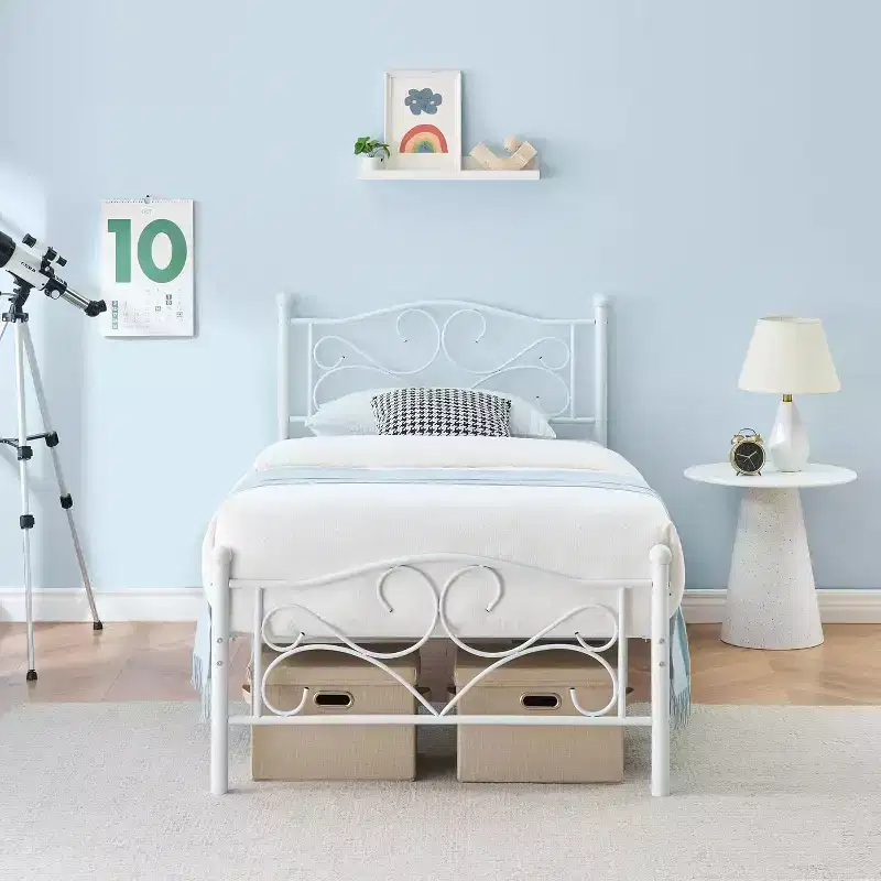 White Twin Bed Frame with Headboard, Heavy-Duty Metal Mattress Foundation with Steel Slats, No Box Spring Needed, Quiet & Durable