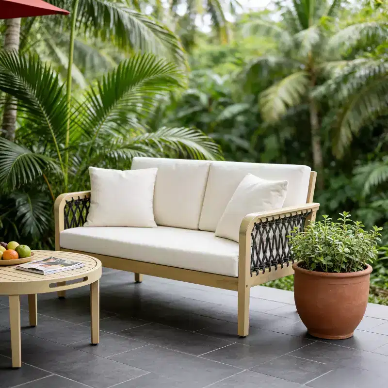Christopher Knight Home Tzuyu Farmhouse Outdoor Acacia Wood Loveseat and Coffee Table Set with Handwoven Rope