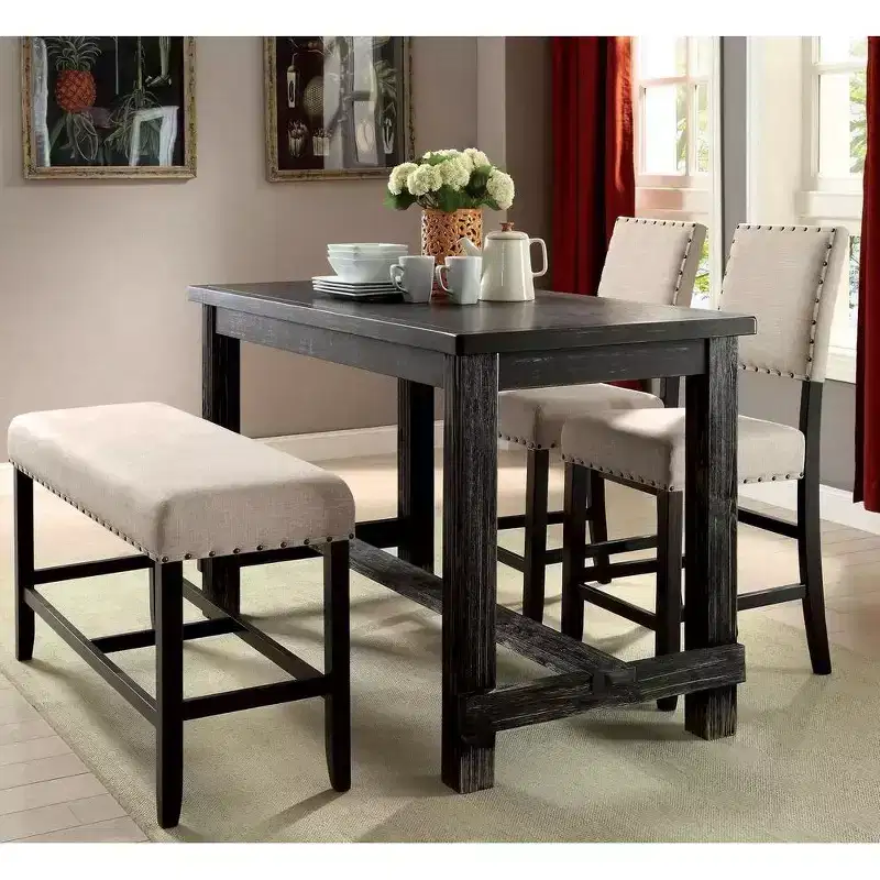 Beige Linen Counter Height Chair with Nailhead Trim, Set of 2