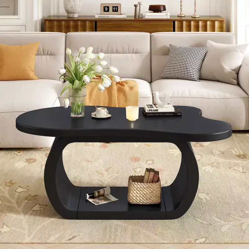 Cloud Coffee Table Wood, Irregular Cream End Table with Curved Legs, Small Center Table with Round Edge for Living Room