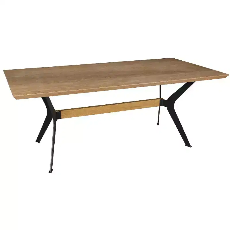 79 Brown and Red Wood and Metal Trestle Base Dining Table