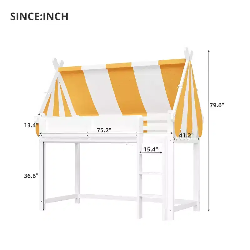 Polibi Canopy Loft Bed with LED String Lights & Front Bookshelf