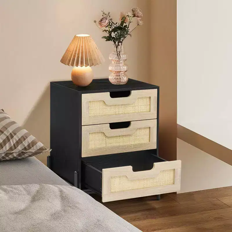 Rattan Nightstand, Boho Cane Bedside Table with Metal Legs, Modern Woven Accent End Table for Small Spaces, Free Standing Side Table for Bedroom