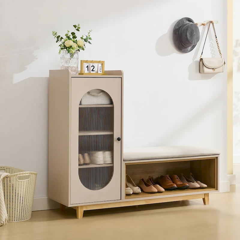 Cream White Shoe Bench with Storage Cabinet and Solid Wood Legs for Organized Entryways