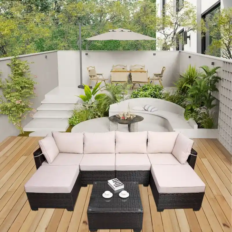 7-Piece Rattan Wicker Cushioned Sofa Sets with Coffee Table