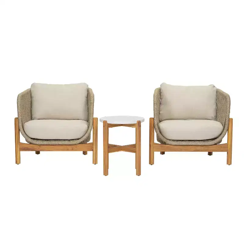 Christopher Knight Home Toby Rustic Outdoor 3 Pieces Rope Weave Upholstered Chat Set with Accent Table