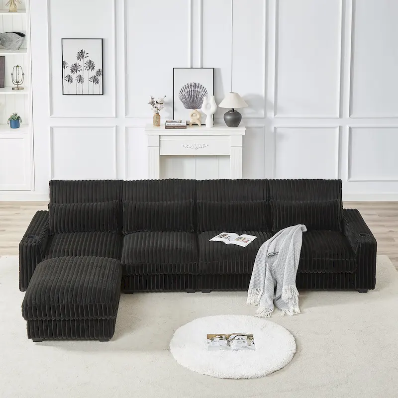 126W Corduroy Large L-Shaped Sofa With USB Port