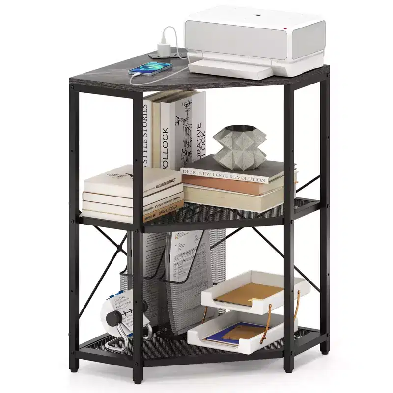 Corner Printer Stand with Charging Station, Adjustable Metal Mesh Shelf, Black/Brown/White