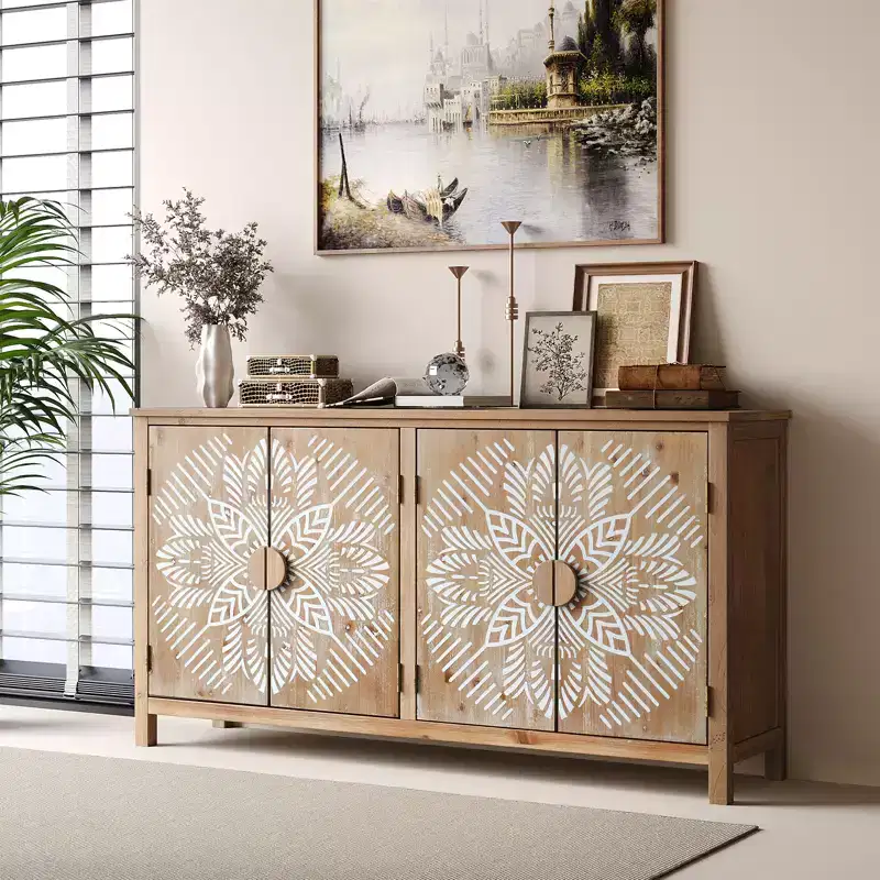 Farmhouse Fir Wood 60.00'' Storage Console Cabinet with 4 Doors