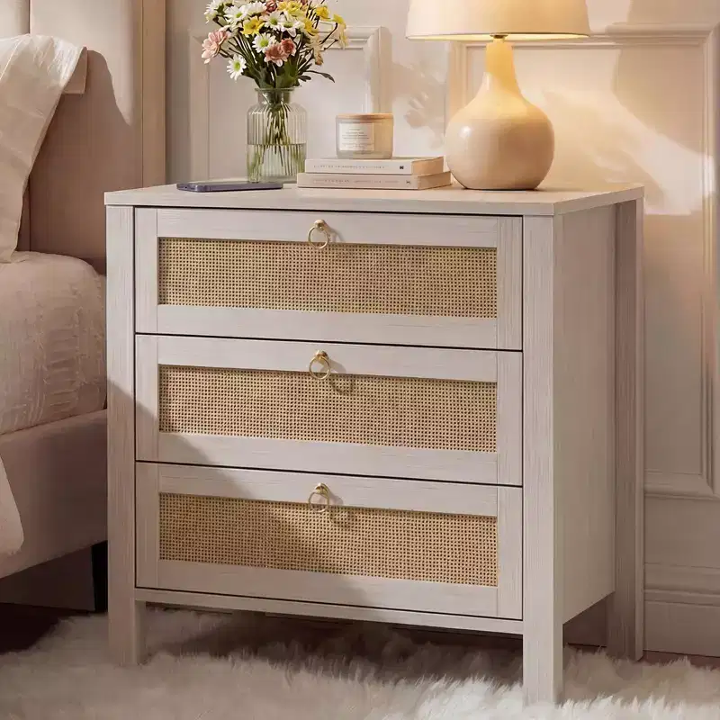 Modern Rattan Nightstand with 3 Drawers, Wooden Bedside Table with Golden Handle, End Side Table for Bedroom, Living Room, 1PC