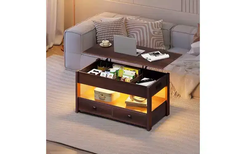 DEXYLLO Coffee Table, Lift Top Coffee Table with 2 Drawers, LED Light, Large Storage and Open Shelf