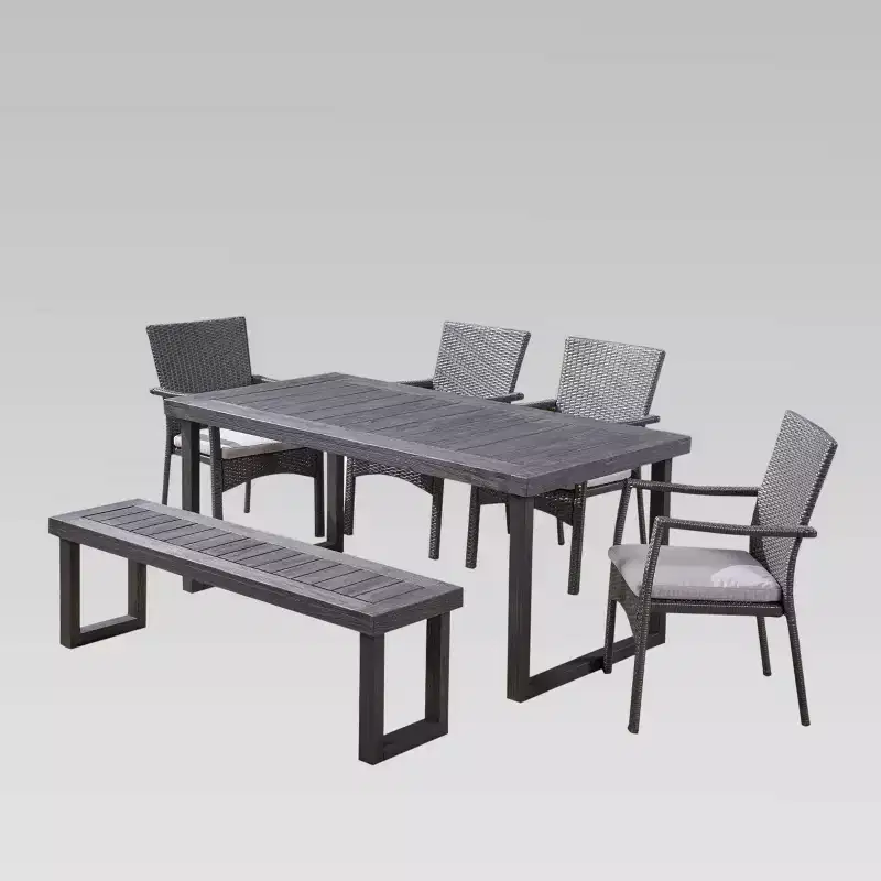 Garner 6pc Wood and Wicker Chair and Bench Dining Set Sandblast Dark Gray/Gray - Christopher Knight Home