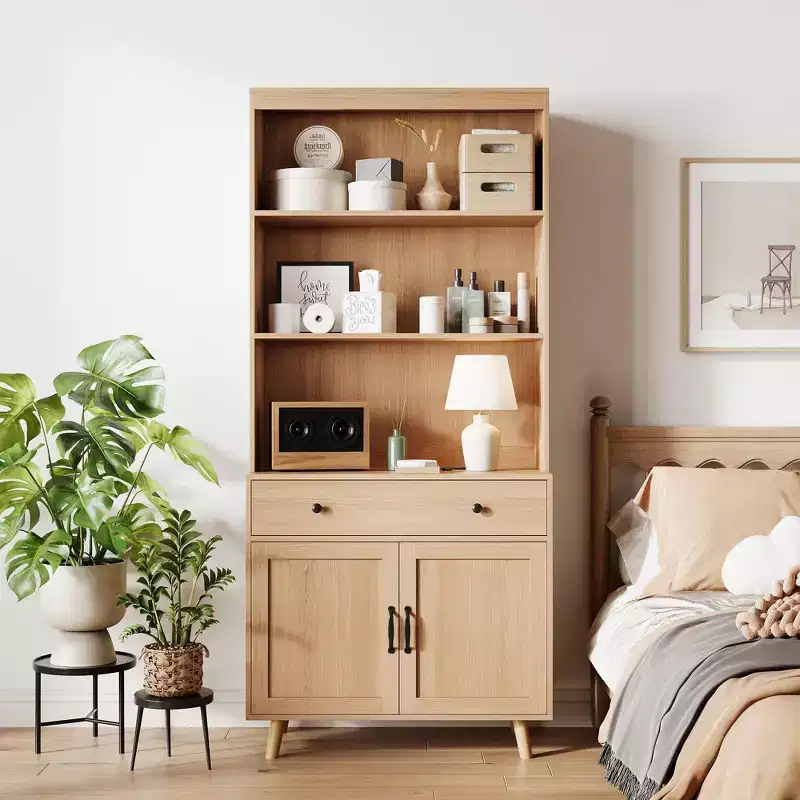 Sideboard, Natural Wood Buffet Cabinet with Drawer & Doors, Open Shelves Freestanding for Living Room, Dining Room