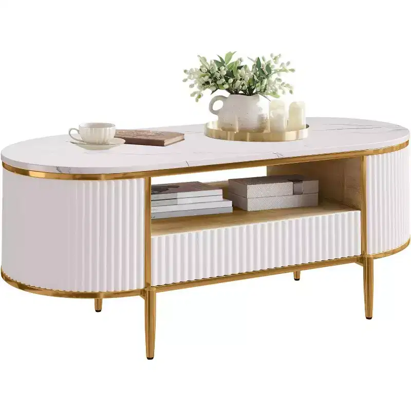 47.24 Inch Oval Coffee Table,Modern Fluted Center Table with Faux Marble Top,Sliding Drawers and Gold Metal Legs,Minimalist Tea Table for Living Room