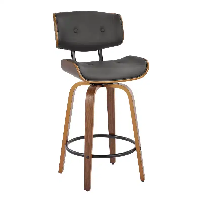 LumiSource Set of 2 Lombardi Counter Height Barstools Walnut/Black/Gray PU: Mid-Century Modern Swivel, Footrest