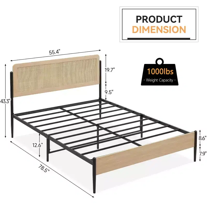 Coolmee Full/Queen Size Bed Frame with Natural Rattan Headboard and Solid Wood Footboard, Bed Frame with Under Bed Storage Space