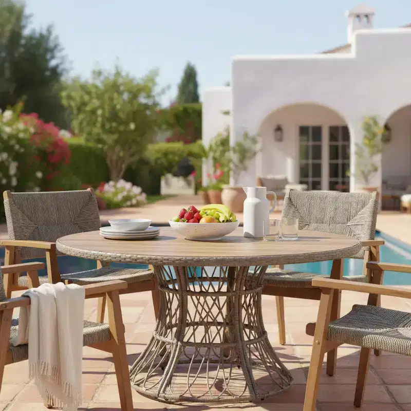 Christopher Knight Home Nan Farmhouse 5 Piece Outdoor Acacia Wood Dining Set with 4 Wicker Armchairs