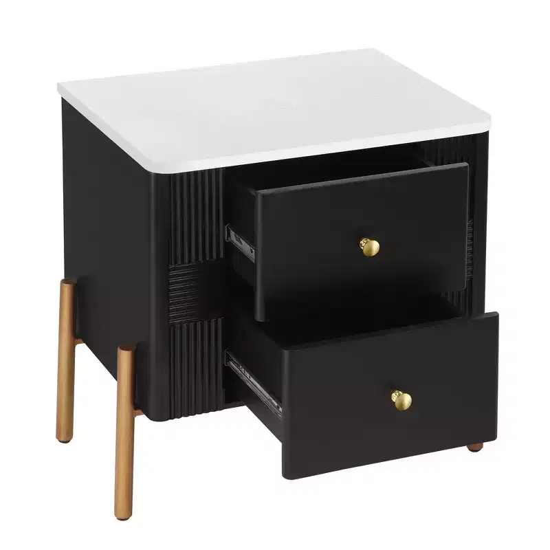 Modern Minimalist Nightstand with 2 Drawers, Golden Metal Handles & Legs, Textured Design