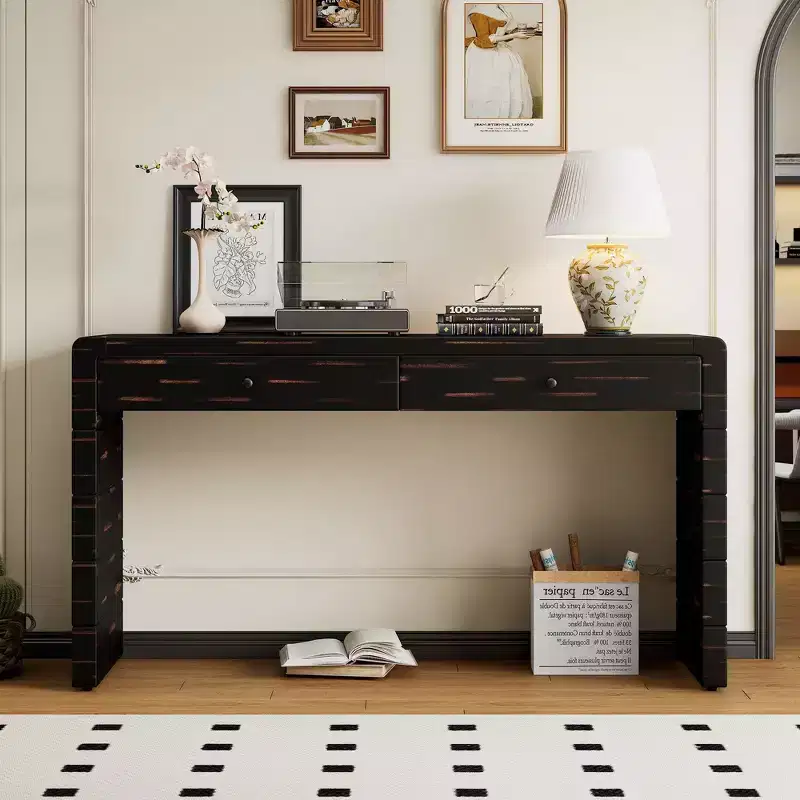 Okak 55IN Farmhouse Console Table with Safety Curved Corner, Entry Table with 2 Drawers, Accent Table for Hallway, Living Room