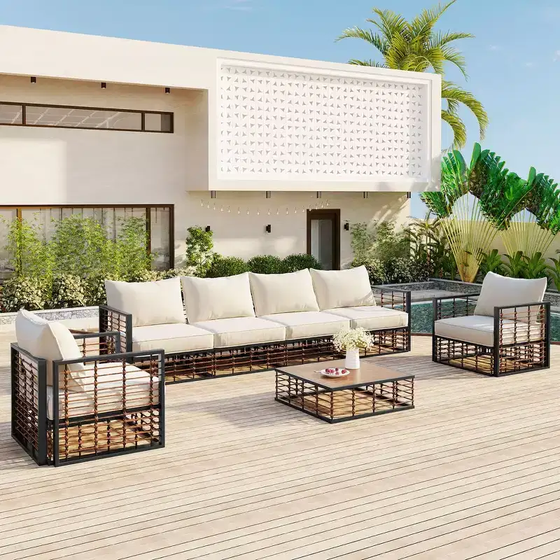 Whisen Modern Minimalist 7-Piece Patio Sectional Sofa Set, All-Weather Garden Conversation Furniture Set