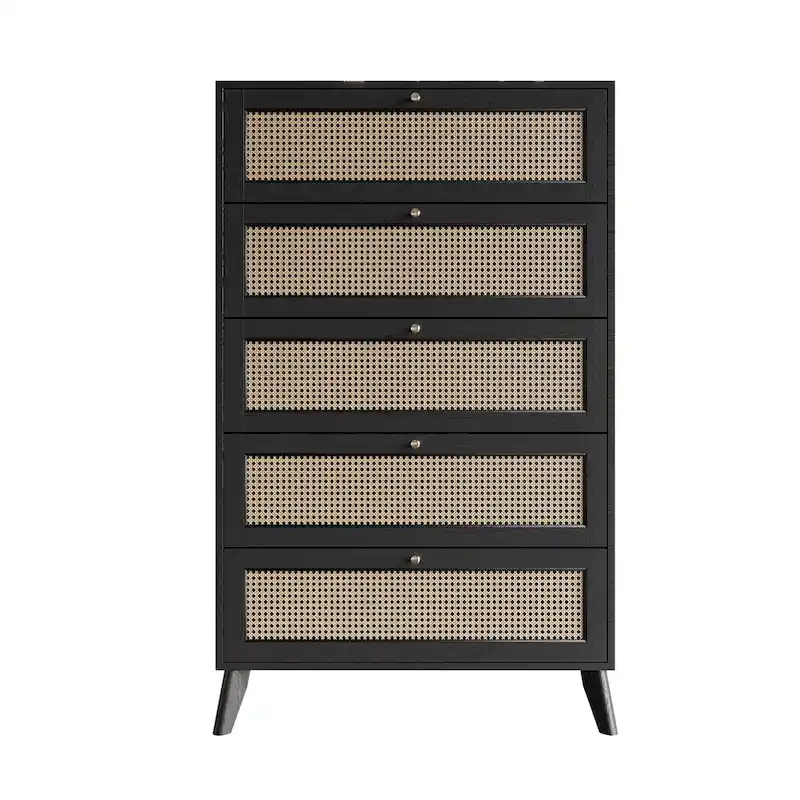 5-Drawer Chest with Cane Panel Drawers – Black, Solid & Engineered Wood, 4 Wood Legs, Single