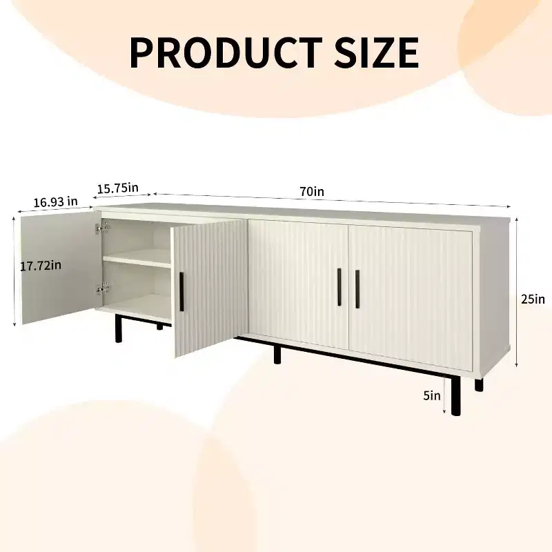 70 Grooved TV Stand Cabinet, Modern TV Stand Entertainment Center with Grooved Doors and Adjustable Shelves, White/Black
