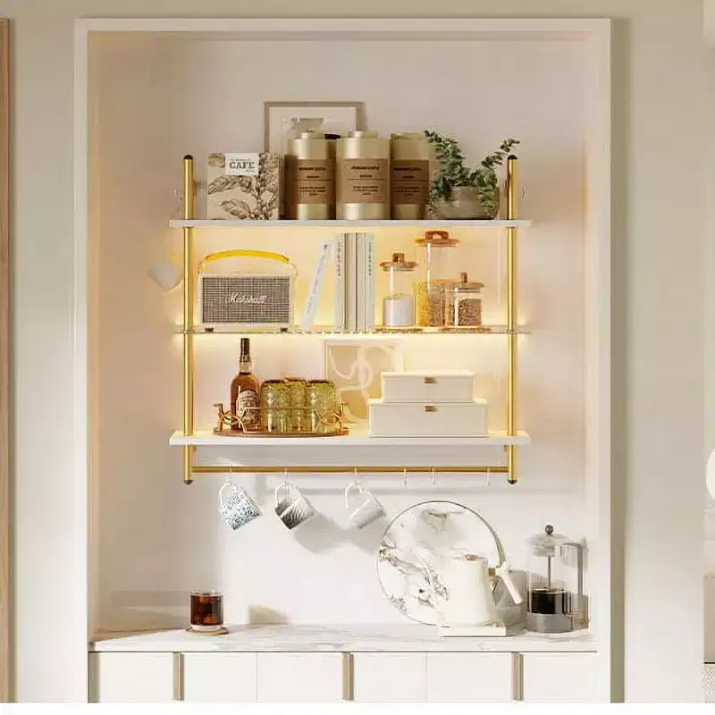 Bestier 41 Floating Shelves with LED Light, 3-Tier Wall-Mounted Wood Shelves with 8 S-Hooks, White Finish & Gold Frame