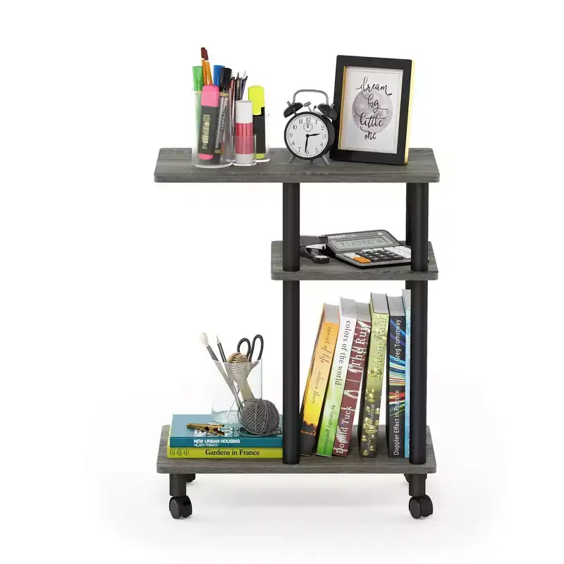 Furinno U-Shape Rolling Storage Cart Sofa Side End Table w/Open Display Shelf,Oak