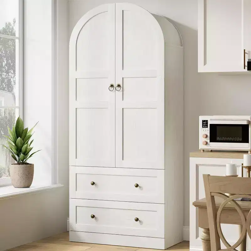 72 Tall Kitchen Pantry Cabinet with Wood/Glass Doors & Drawers, Wood Arch Storage Shelves, Farmhouse Freestanding Large Cupboard for Dining