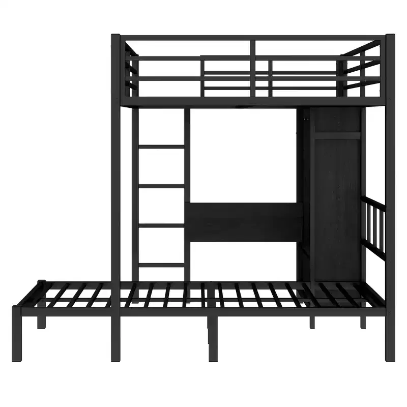 Bellemave Full XL Over Twin Metal Bunk Bed with Folding Desk, Closet with LED ,Space-Saving/Noise Reduced, Black