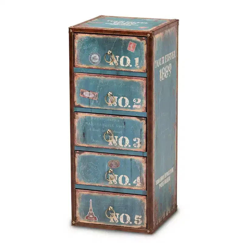 5 Drawer Alba Wood Accent Storage Chest Blue - Parisian Vintage Style with Brass Ring Pulls