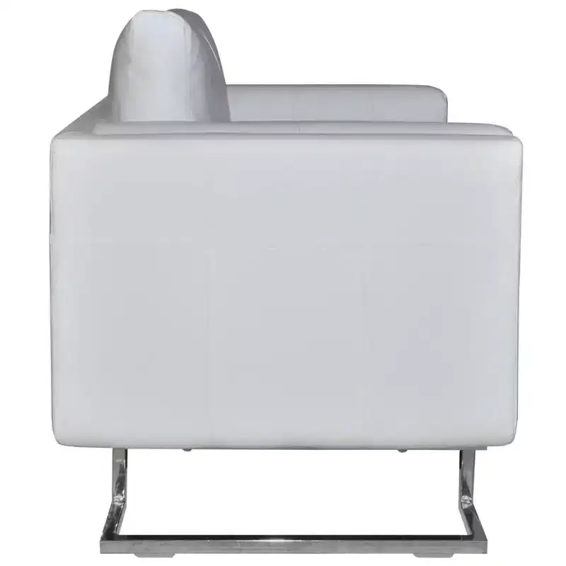 XL Scandinavian-Modern Cube Armchair, White Leather Upholstered, Solid Wooden Frame with Chrome Feet - White