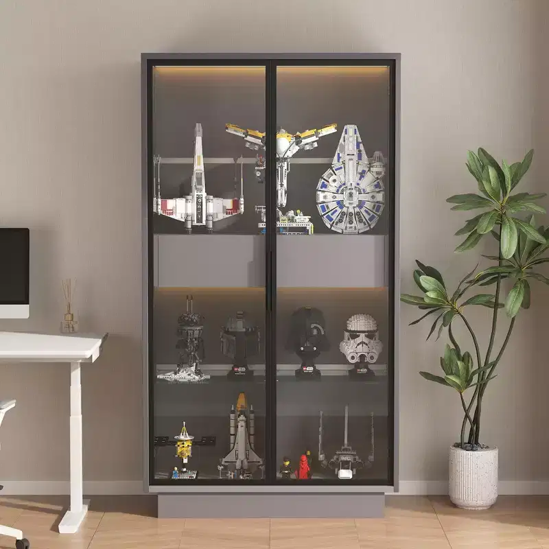 60.6'' Freestanding Glass Door Display Cabinet, Bookcase with 2 Storage Drawers, Pantry with LED Lighting and Adjustable Shelves, for Hallways Kitchen