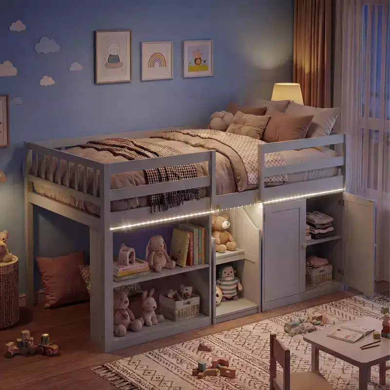 Twin Low Loft Bed with LED Light, Stairs & Guardrails, Modern Pine Wood Kids Bed, White/Mint/Gray