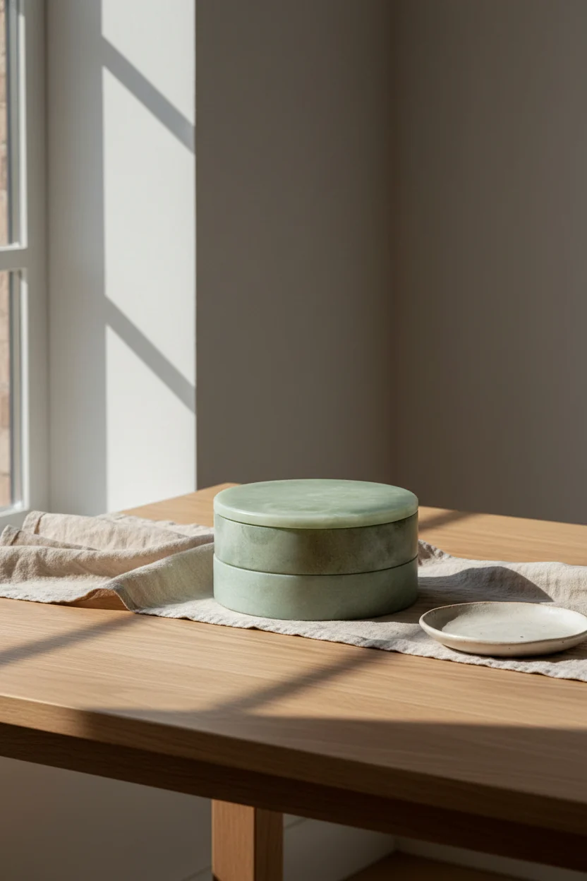 Natural Stone Swivel Storage Box with Green Alabaster Dual-Compartment Design for Vanity & Study